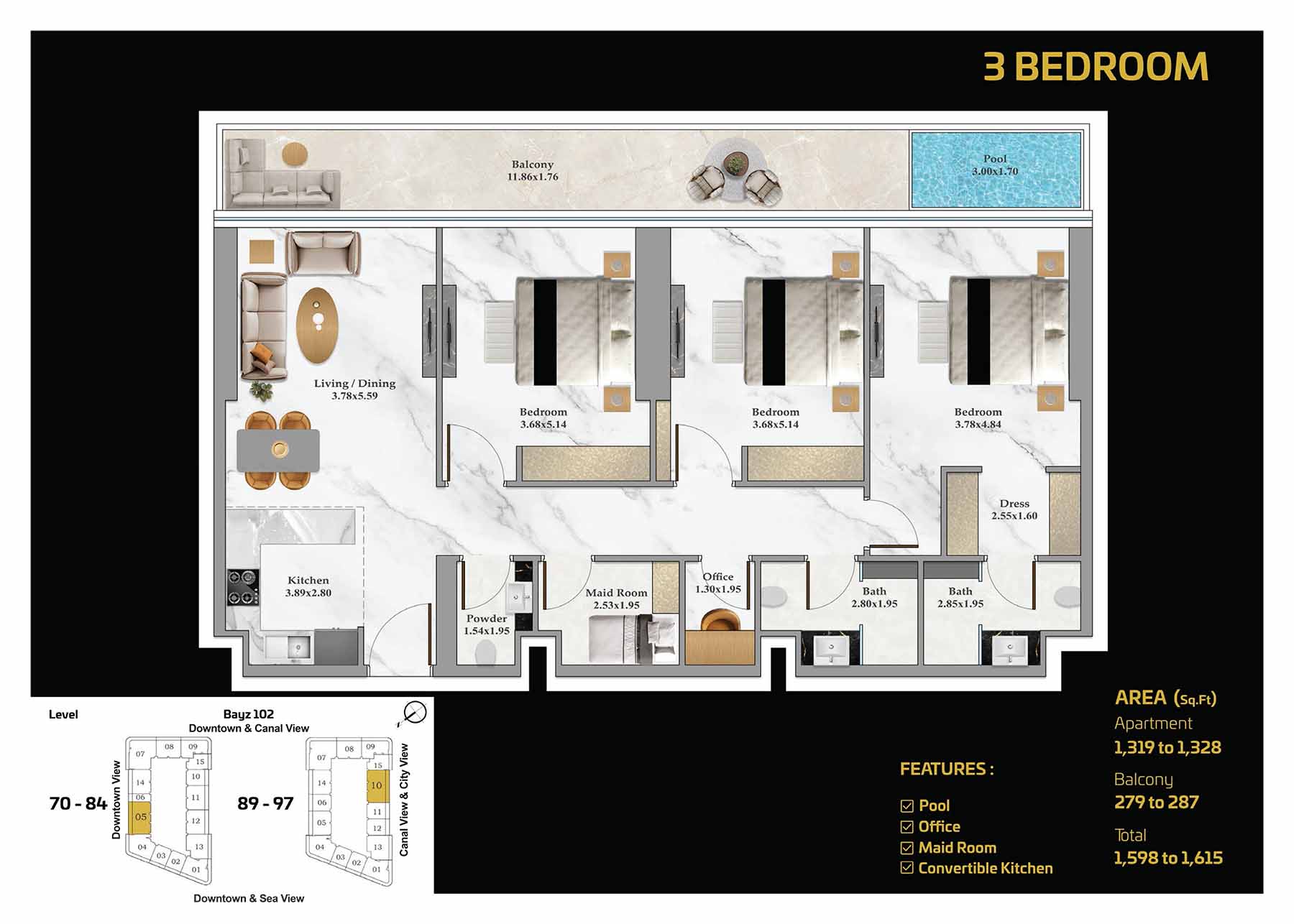 3 Bedroom + Pool + Maid