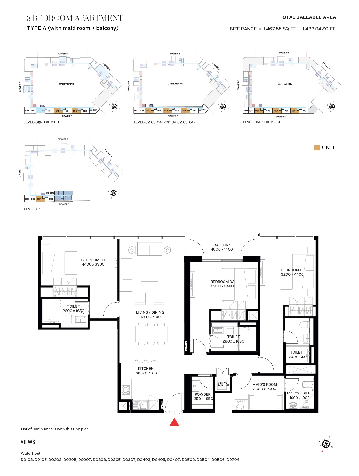 3 Bedrooms + Maid