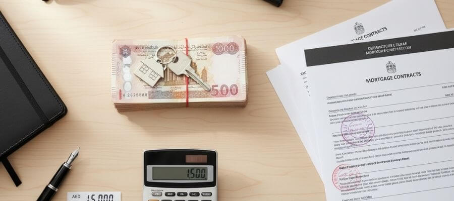 UAE dirham with mortgage documents and property keys