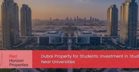 Aerial view of a modern Dubai university campus surrounded by sleek residential towers and lush green courtyards, golden hour light, cinematic drone photography