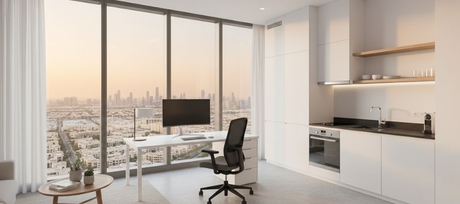 Modern studio apartment near Dubai university with skyline views