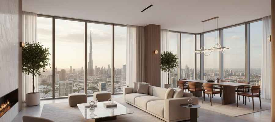 Luxury Dubai apartment interior with city skyline view
