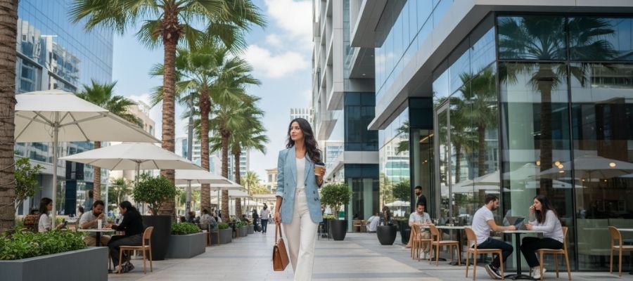Young professional in Dubai university community area with cafes and co-working spaces