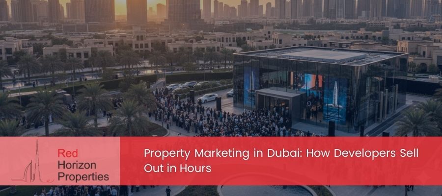 Dubai property launch event with investors queuing